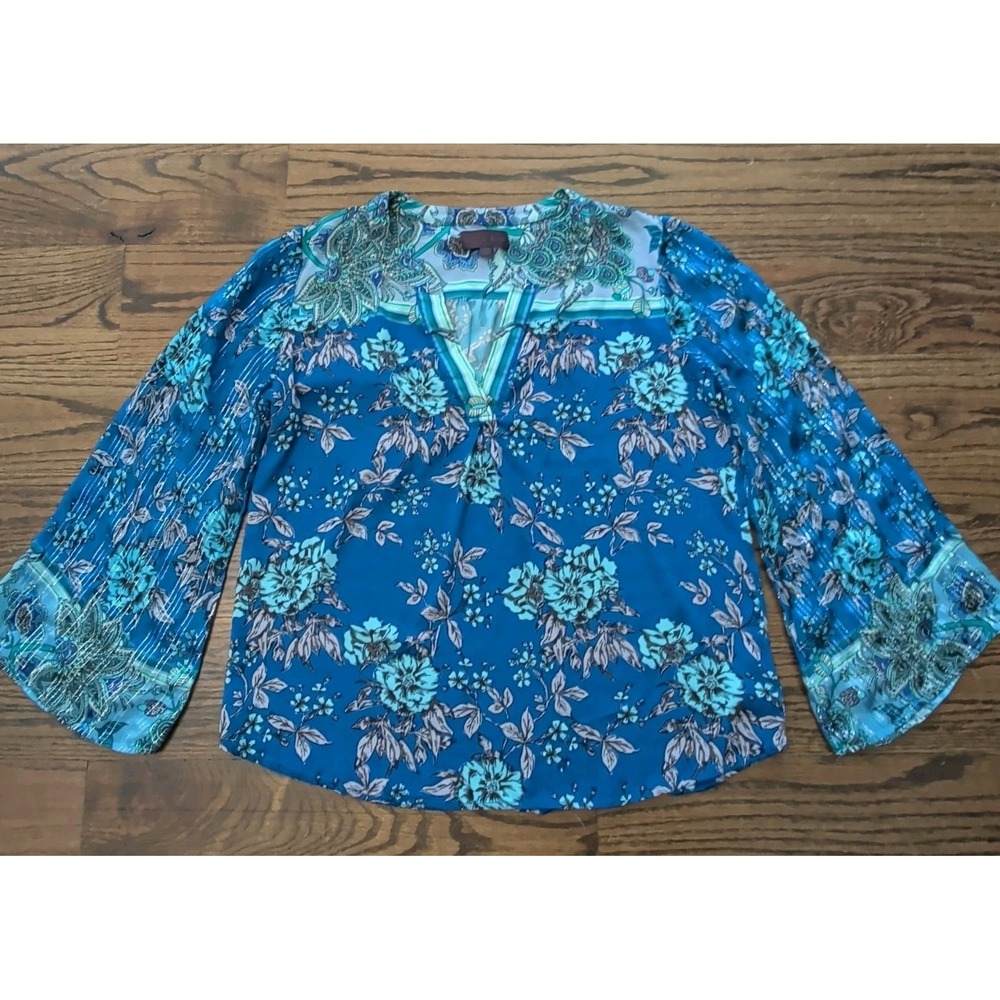Hale Bob Boho Floral Peasant Top Blue Bell Sleeve Metallic Thread V-Neck Sz M